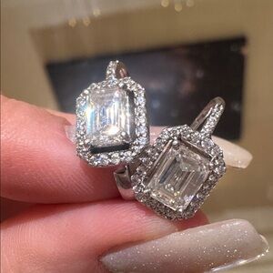 Moissanite Emerald Cut CZ Halo Leaver Back Earrings